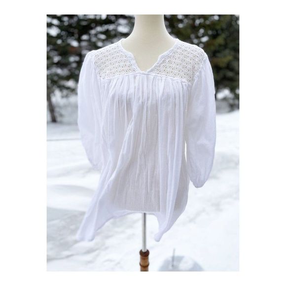 SOLD Vintage 90s Boho Peasant Top Balloon Sleeve Crotchet Collar 100% Cotton - Picture 2 of 11